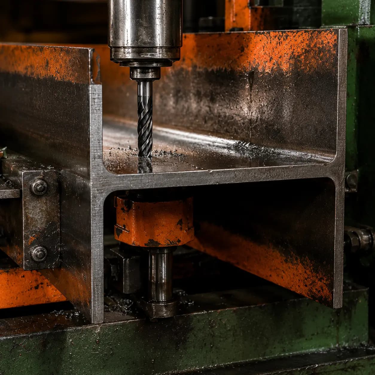 Automated drill machining a structural steel beam