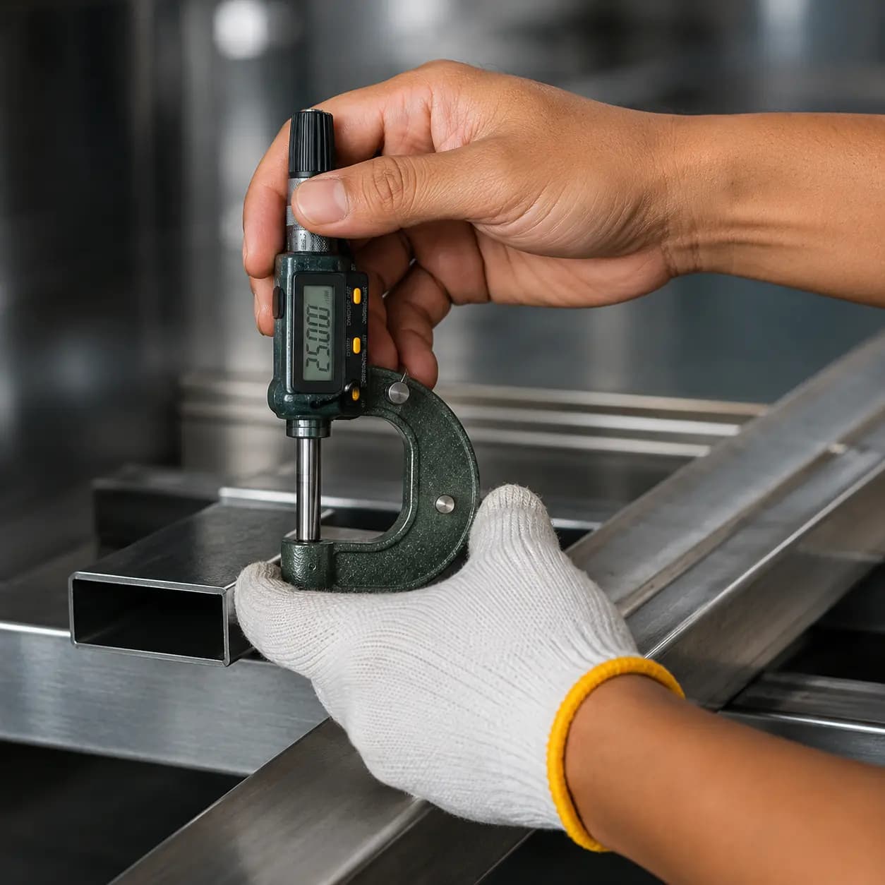 Micrometer checking a steel part